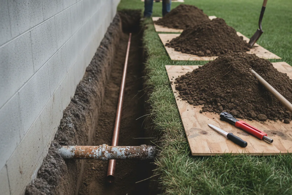 Excavated water line trench during Water Softener Installation in Denton